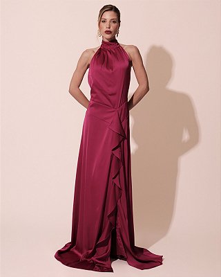VESTIDO LONGO SEDA GOLA ALTA COM DRAPEADO DETALHE NA CINTURA COM  BABADO FUCSIA