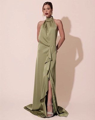 VESTIDO LONGO SEDA GOLA ALTA COM DRAPEADO DETALHE NA CINTURA COM  BABADO VERDE PISTACHE