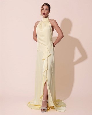 VESTIDO LONGO SEDA GOLA ALTA COM DRAPEADO DETALHE NA CINTURA COM  BABADO AMARELO