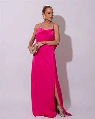 VESTIDO LONGO SEDA DECOTE DRAPEADO LISO DECOTE V NAS COSTAS COM CAMADA SOBREPOSTA PINK