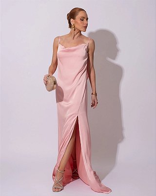 VESTIDO LONGO SEDA DECOTE DRAPEADO LISO DECOTE V NAS COSTAS COM CAMADA SOBREPOSTA ROSE