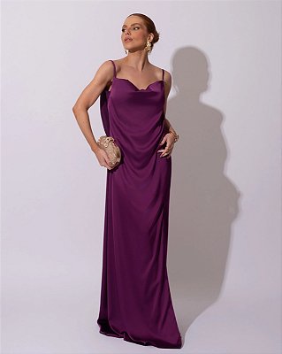 VESTIDO LONGO SEDA DECOTE DRAPEADO LISO DECOTE V NAS COSTAS COM CAMADA SOBREPOSTA ROXO