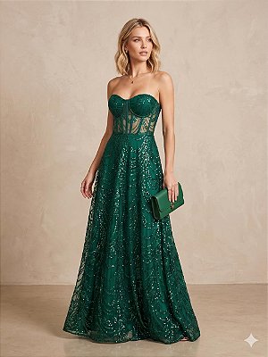 VESTIDO LONGO TOMARA QUE CAIA MODELO CORPETE BORDADO COM BRILHO VERDE ESMERALDA