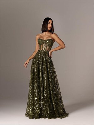 VESTIDO LONGO TOMARA QUE CAIA MODELO CORPETE BORDADO COM BRILHO VERDE OLIVA