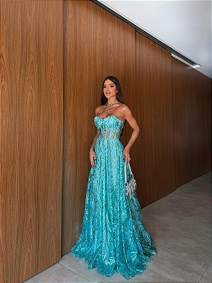 VESTIDO LONGO TOMARA QUE CAIA MODELO CORPETE BORDADO COM BRILHO AZUL TIFFANY