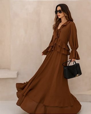 VESTIDO LONGO BOHO CHIC MARROM