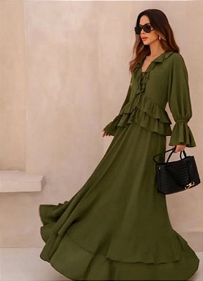 VESTIDO LONGO BOHO CHIC VERDE OLIVA