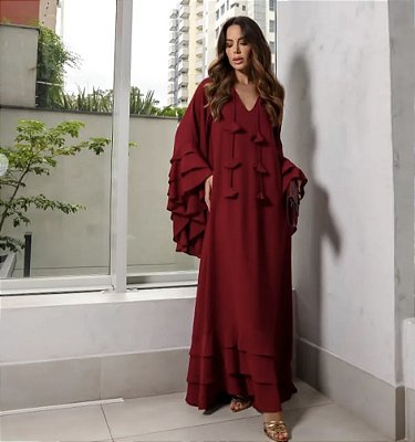 VESTIDO LONGO CHIFFON MANGA LONGA BABADO BORRO MARSALA