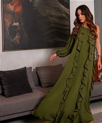 VESTIDO LONGO CHIFFON OMBRO SÓ COM BABADOS LATERAIS VERDE OLIVA