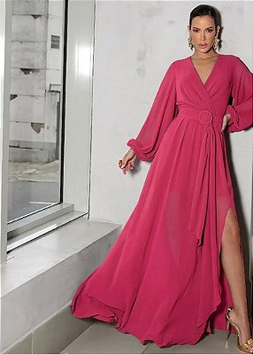 VESTIDO LONGO CHIFFON BOHO COM CINTO PINK