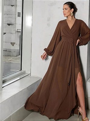 VESTIDO LONGO CHIFFON BOHO COM CINTO MARROM