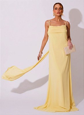 VESTIDO LONGO CREPE DE SEDA DE ALCINHA COM DETALHE DRAPEADO NO BUSTO AMARELO