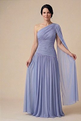VESTIDO LONGO MICROTULE OMBRO SÓ MANGA CAPA AZUL SERENITY