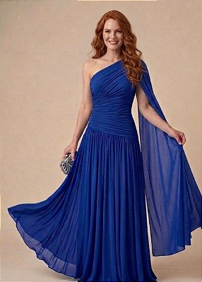 VESTIDO LONGO MICROTULE OMBRO SÓ MANGA CAPA AZUL ROYAL