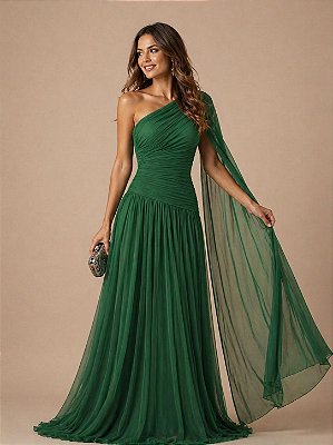 VESTIDO LONGO MICROTULE OMBRO SÓ MANGA CAPA VERDE BANDEIRA