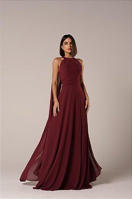 VESTIDO LONGO CREPE DE SEDA GOLA ALTA PREGA NO BUSTO E CAPA MARSALLA