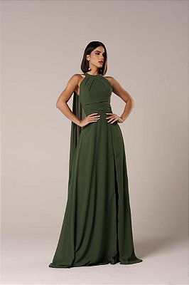 VESTIDO LONGO CREPE DE SEDA GOLA ALTA PREGA NO BUSTO E CAPA VERDE OLIVA