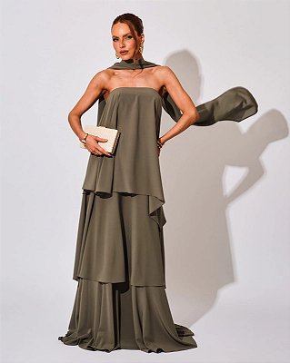 VESTIDO LONGO TOMARA QUE CAIA COM CAMADAS E GOLA VERDE OLIVA