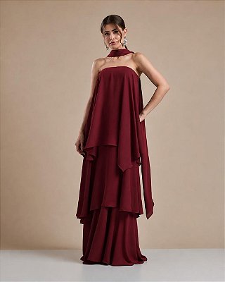 VESTIDO LONGO TOMARA QUE CAIA COM CAMADAS E GOLA MARSALA