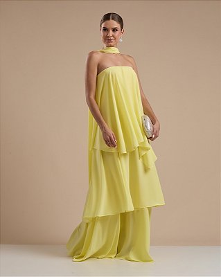 VESTIDO LONGO TOMARA QUE CAIA COM CAMADAS E GOLA AMARELO