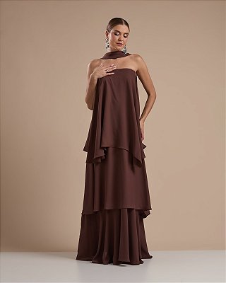 VESTIDO LONGO TOMARA QUE CAIA COM CAMADAS E GOLA MARRON