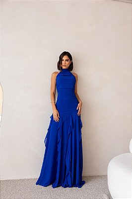 VESTIDO LONGO CHIFON GOLA ALTA DRAPEADO COM CAMADAS VERTICAIS MARINHO