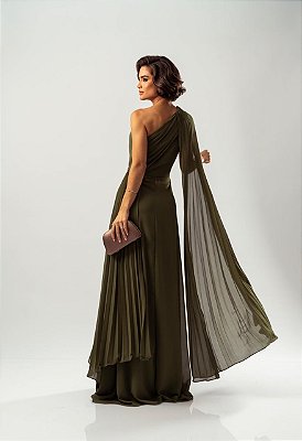 VESTIDO LONGO CHIFON OMBRO SO PLISSADO UNICO LADO VERDE OLIVA