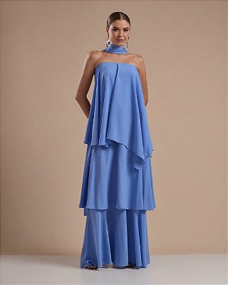 VESTIDO LONGO TOMARA QUE CAIA COM CAMADAS E GOLA AZUL SERENITY