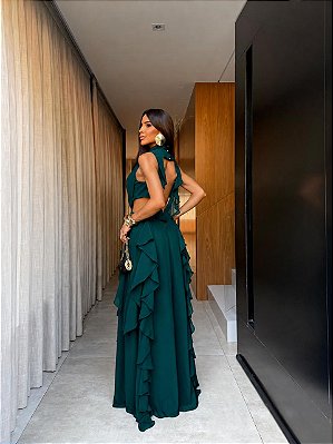 VESTIDO LONGO CHIFON GOLA ALTA CAMADAS VERTICAIS COSTA NUA VERDE PETROLEO