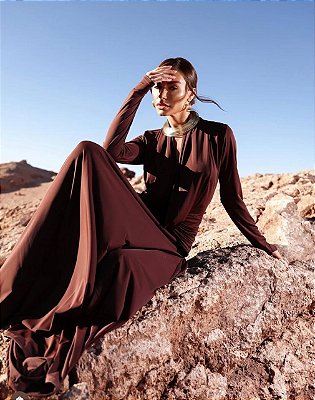 VESTIDO LONGO JERSEY MANGA LONGA MARRON