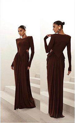 VESTIDO LONGO JERSEY GOLA RETA COM ABERTURA LATERAL MARRON