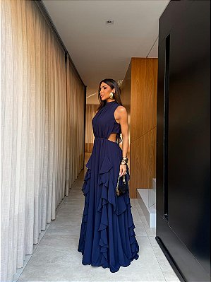VESTIDO LONGO CHIFON GOLA ALTA CAMADAS VERTICAIS COSTA NUA AZUL MARINHO