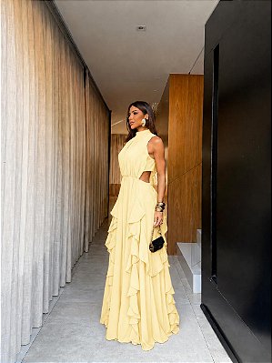 VESTIDO LONGO CHIFON GOLA ALTA CAMADAS VERTICAIS COSTA NUA AMARELA