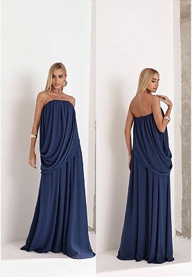 VESTIDO LONGO CHIFON TOMARA QUE CAIA TECIDO SOBREPOSTO AZUL MARINHO