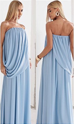 VESTIDO LONGO CHIFON TOMARA QUE CAIA TECIDO SOBREPOSTO AZUL SERENITY