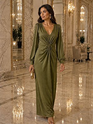VESTIDO JERSEY M L DECOTE PROFUNDO COM NO VERDE OLIVA