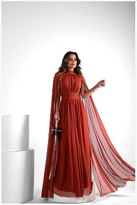 VESTIDO LONGO MICROTUILE  COM MANGA CAPA TERRACOTA