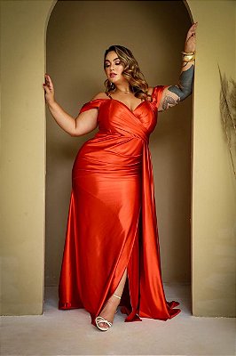 VESTIDO LONGO JERSEY OMBRO A OMBRO MANGUINHA E ALÇA FINA TERRACOTA