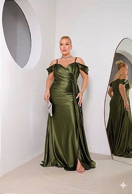 VESTIDO LONGO JERSEY OMBRO A OMBRO MANGUINHA E ALÇA FINA VERDE OLIVA