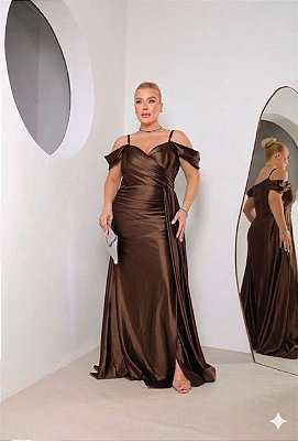 VESTIDO LONGO JERSEY OMBRO A OMBRO MANGUINHA E ALÇA FINA MARRON