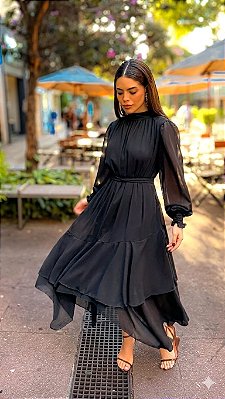VESTIDO MIDI MANGA LONGA GOLA ALTA SAIA COM CAMADA PRETO