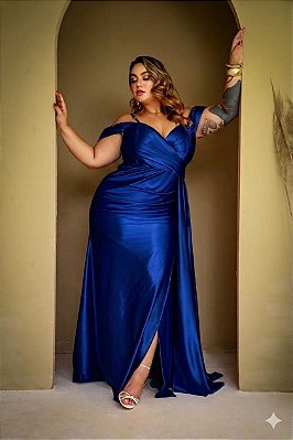 VESTIDO LONGO JERSEY OMBRO A OMBRO MANGUINHA E ALÇA FINA AZUL BIC