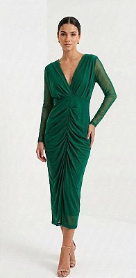 VESTIDO MIDI MICROTULE MANGA LONGA DECOTE V DRAPEADO VERDE ESMERALDA