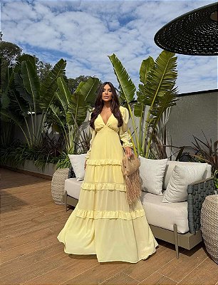 VESTIDO LONGO CHIFON MANGA LONGA COM BABADO NA SAIA AMARRAÇÃO COSTAS AMARELO MANTEIGA
