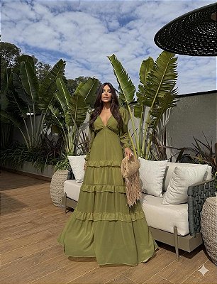 VESTIDO LONGO CHIFON MANGA LONGA COM BABADO NA SAIA AMARRAÇÃO COSTAS VERDE OLIVA