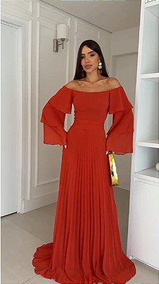 VESTIDO LONGO CHIFON OMBRO A OMBRO COM BABADO NA MANGA COMPRIMENTO PLISSADO TERRACOTA