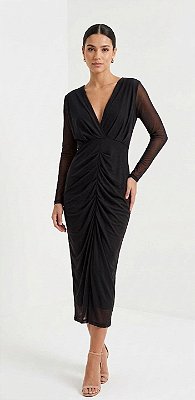 VESTIDO MIDI MICROTULE MANGA LONGA DECOTE V DRAPEADO PRETO