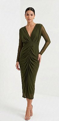 VESTIDO MIDI MICROTULE MANGA LONGA DECOTE V DRAPEADO VERDE OLIVA