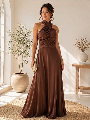 VESTIDO LONGO JERSEY GOLA ALTA AMARRAÇÃO MARROM