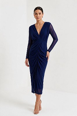 VESTIDO MIDI MICROTULE MANGA LONGA DECOTE V DRAPEADO AZUL MARINHO